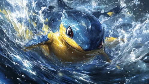 Blue and yellow aquatic creature surging through waves.