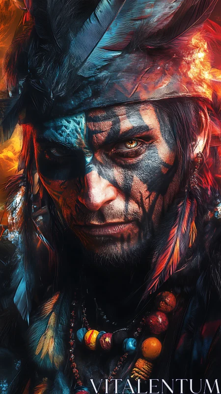 Fierce tribal guardian glowing with ember and moonlight.