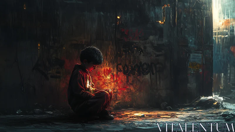 Luminous device glow isolating child in degraded urban alleyway.