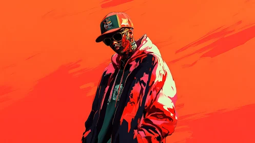 Stylized streetwear figure on bold red abstract ground.