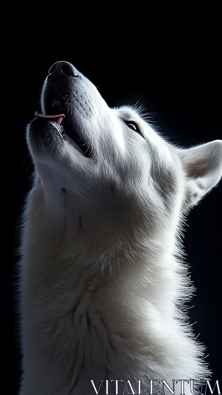 White husky dog in dramatic side profile on dark background.