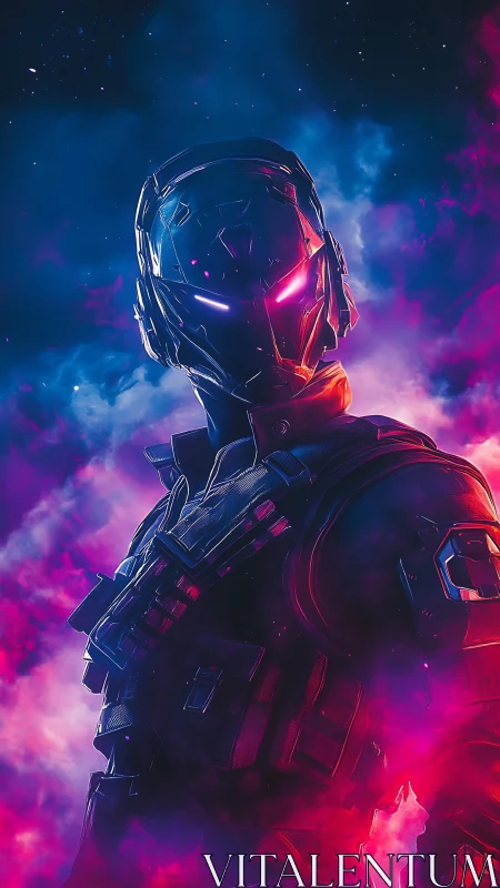 Armored futuristic soldier in neon-lit cosmic environment.