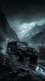 Off-road jeep climbs wet rocky trail in dark mountain pass