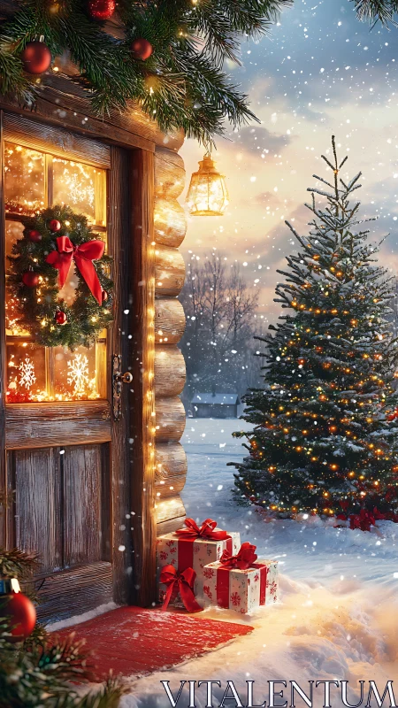 Log cabin Christmas entry with wreath, gifts and lit tree in snow