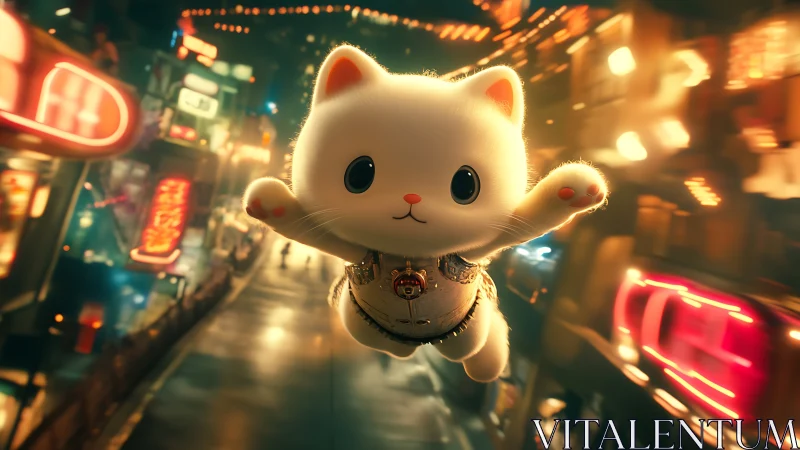 Flying cyberpunk kitten soaring over neon city street.