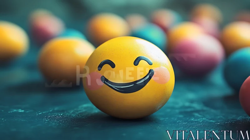 Smiling yellow emoji ball radiates joy among soft colors