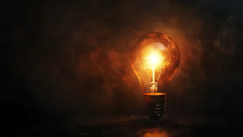 Illuminated incandescent light bulb on dark smoky background.