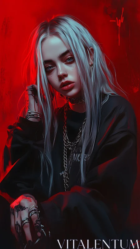 Silver-haired goth girl in red neon glow stares forward.