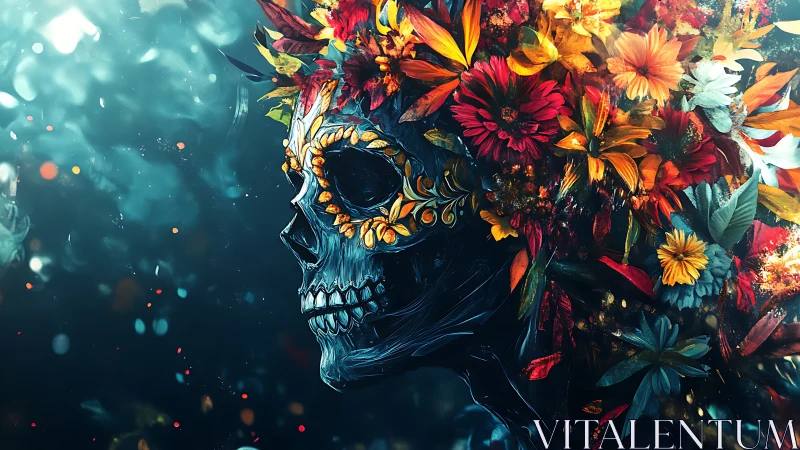 Floral sugar skull portrait merges death motif with color.