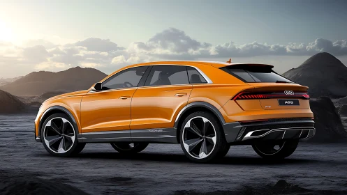 Sunlit orange SUV concept greets a quiet mountain horizon