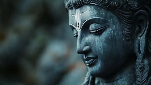 Stone serenity, a tranquil deity face in ocean-blue silence.