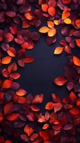 Autumn red and orange leaves framing dark textured background.