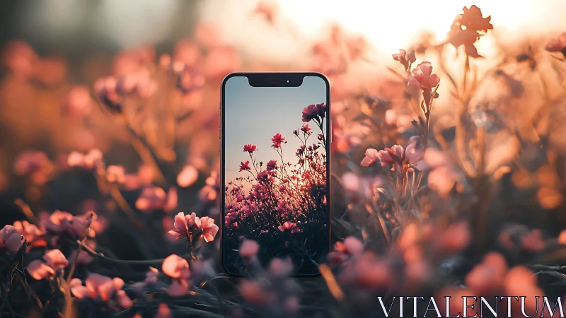 Mobile Device Displaying Wildflower Field Photography with Shallow Depth of Field