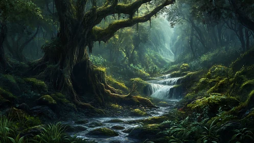 Temperate rainforest canyon with cascading waterfall and moss-covered limestone formations