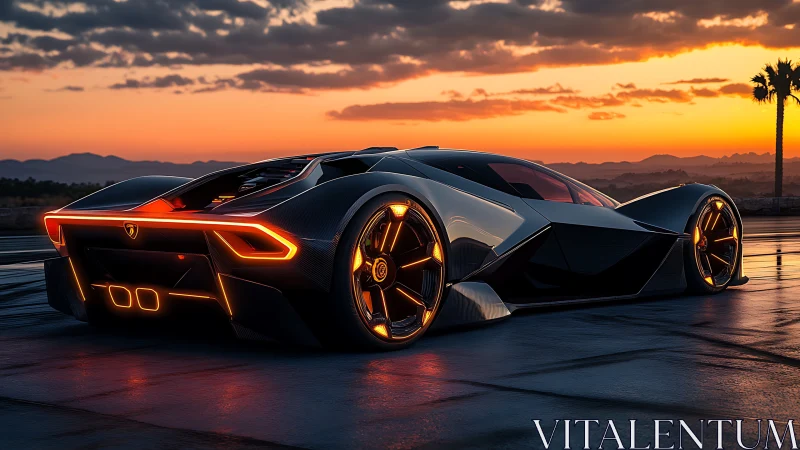 Futuristic supercar blazes with neon glow at sunset shoreline