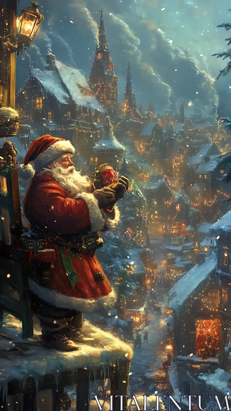 Santa figure on rooftop above illuminated snowy village scene.