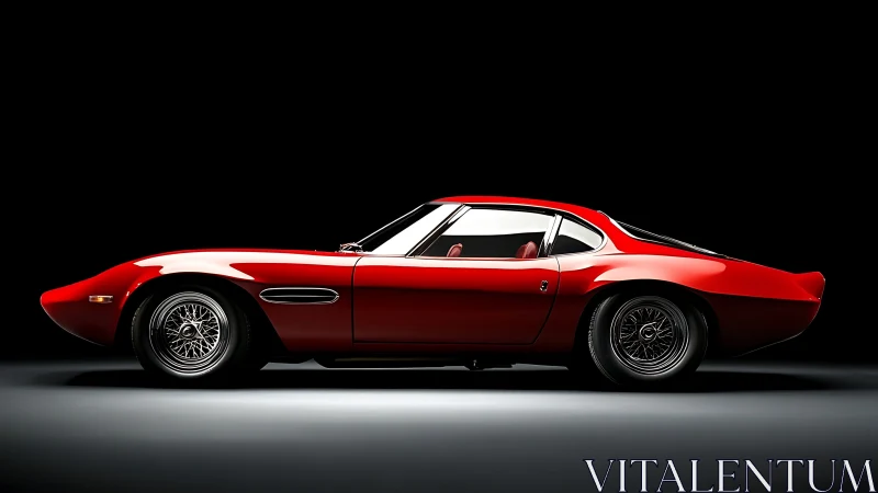 Classic red sports coupe glows against deep black backdrop.