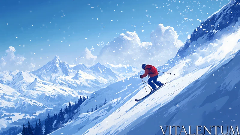 Skier descending steep snowy slope under bright winter sky.