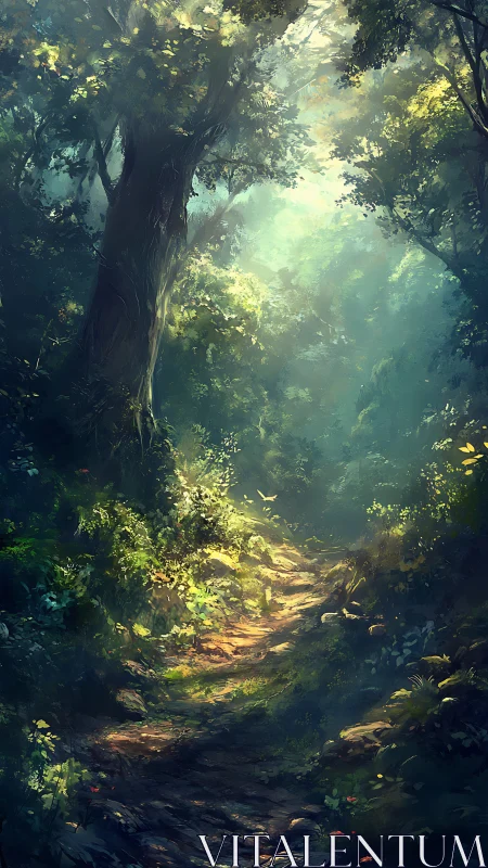 Ethereal Forest Cathedral: Ancient Trees Frame Luminous Woodland Path