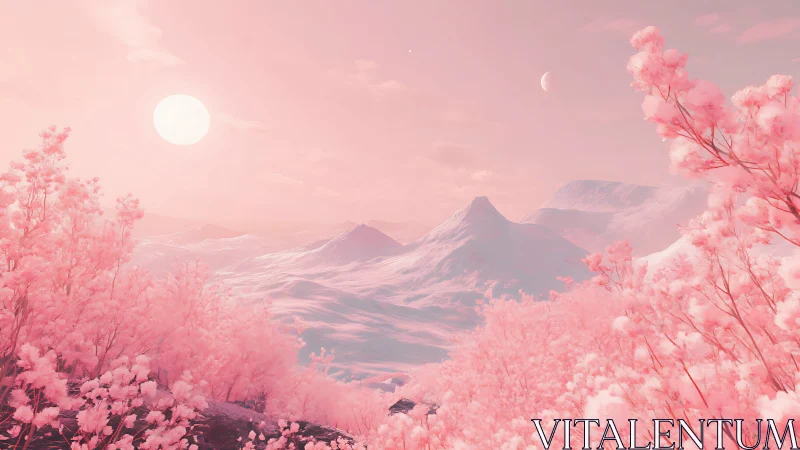 Pastel celestial valley under twin suns and cherry blooms.