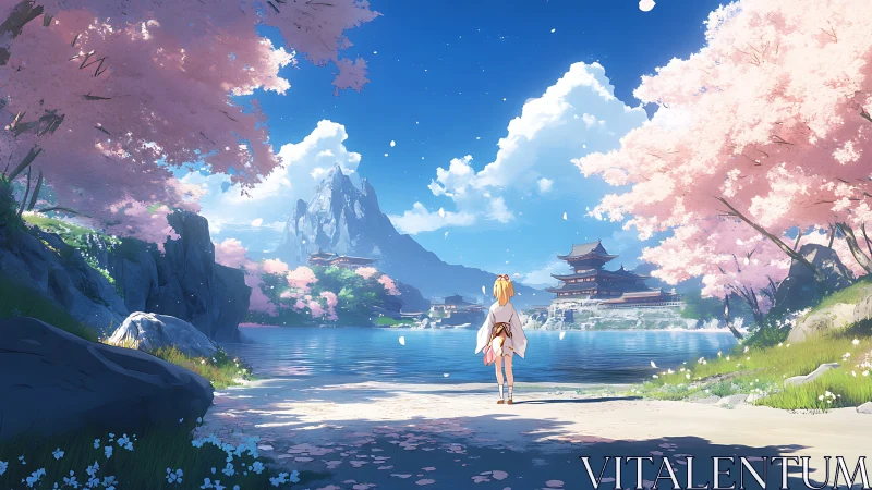 Spring pilgrimage toward lakeside temple under sakura sky.