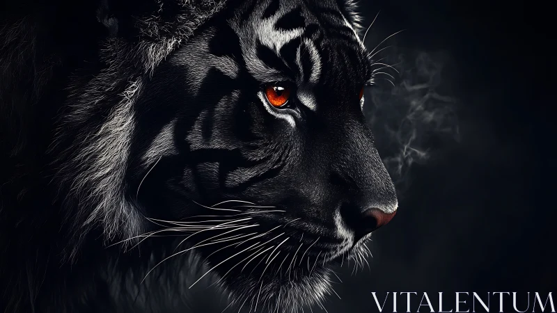 Midnight tiger gazes ahead with glowing amber eyes