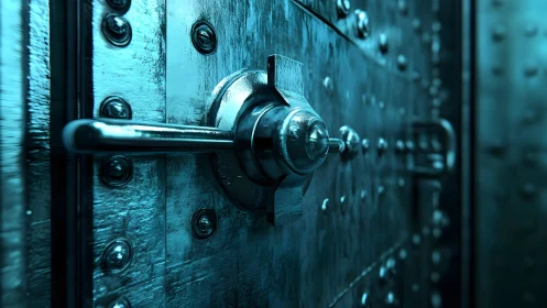 Heavy steel vault door close-up with dramatic blue lighting.