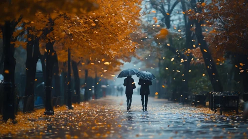 Urban Autumn Rain: Umbrellas Converge on Leaf-Strewn Boulevard.