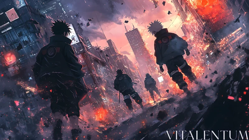 Four cloaked figures walk through burning futuristic city streets