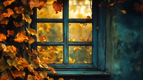 Golden autumn leaves drifting past a weathered blue window.
