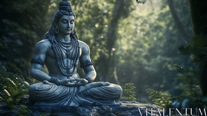 Serene stone deity meditates in a misty, sunlit forest.