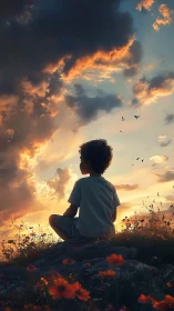 Boy sitting on rocky hill at sunset under glowing clouds.