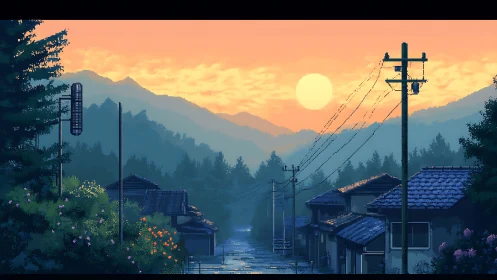 Pixel-rendered rural street recedes toward layered hills at sunset