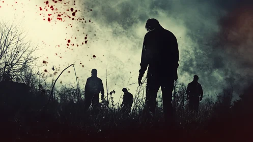 Cinematic horror silhouettes in desolate mist-laden field.