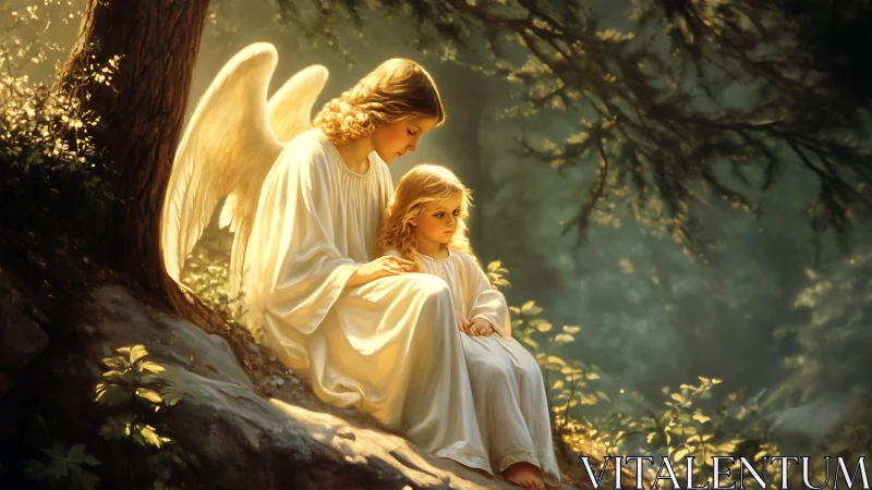 Forest guardian angel cradles a child in golden hush.