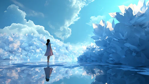 Girl drifts through sky-bloomed sea where clouds become petals