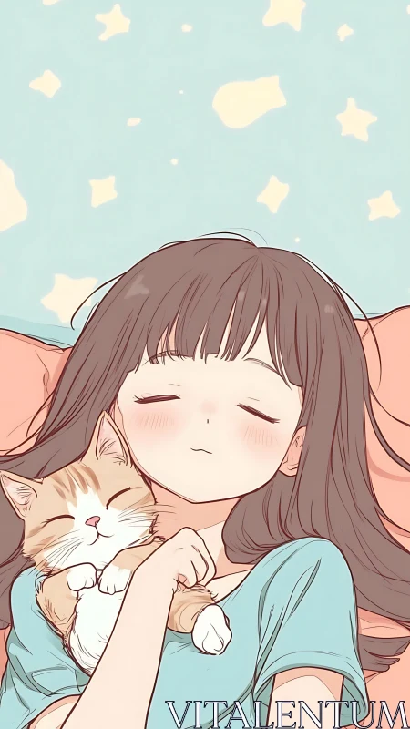 Soft starlit nap with a sleepy girl and purring kitten.