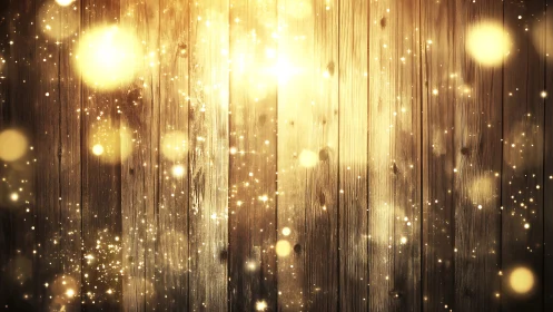 Golden light bokeh glows against rustic wooden planks.