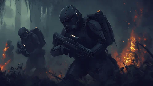 Armored soldiers advancing through burning misted forest.