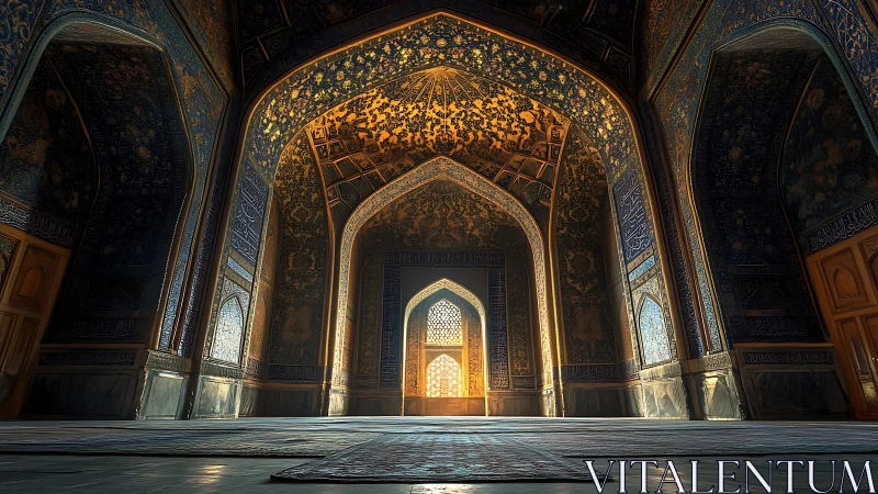Intricate Islamic interior with arched doorway and light.
