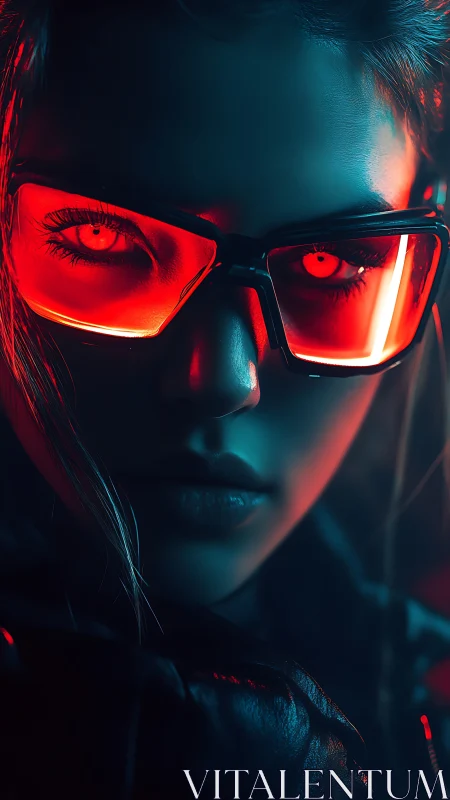 Cybernetic gaze with red neon visor and teal rim lighting