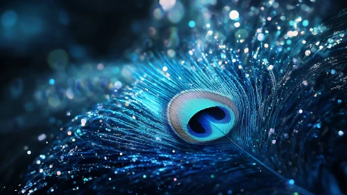 Iridescent peacock feather shimmers in dreamy blue bokeh light