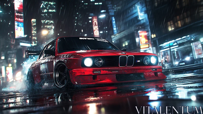 Rain-slashed boulevard crowns a red drift legend in neon glare