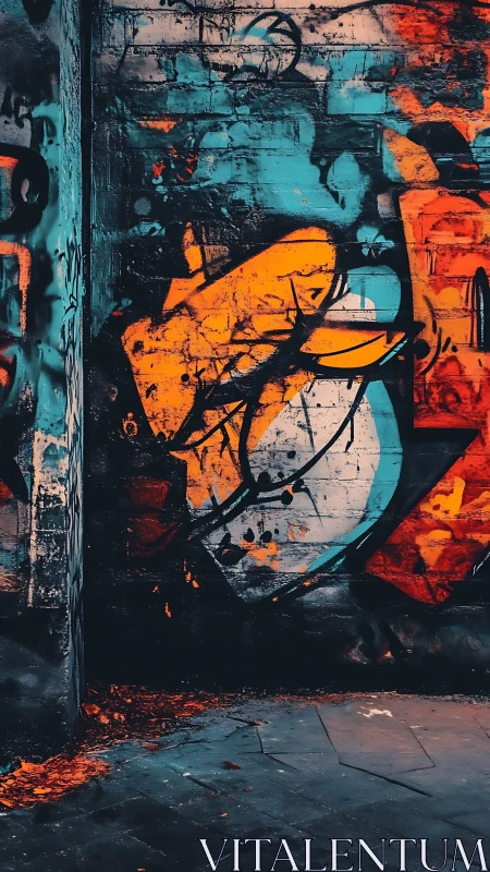 Urban colors burst across a quiet graffiti covered alley wall