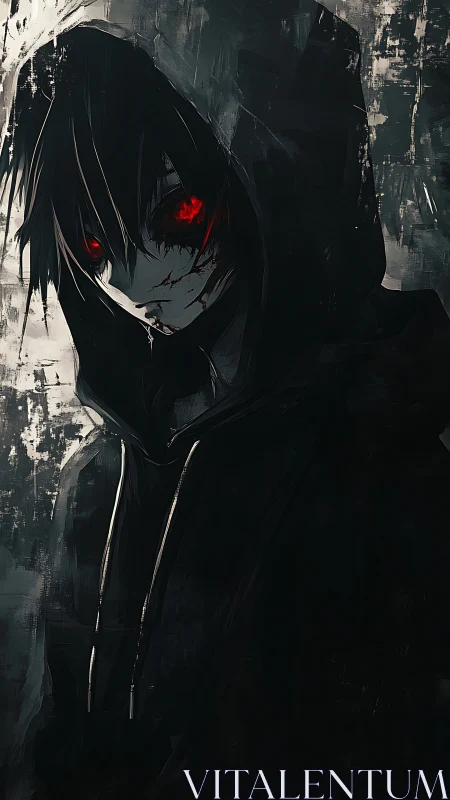 Hooded anime figure glows with haunting red eyes in shadow