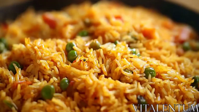 Close-up view of spiced vegetable rice with green peas.