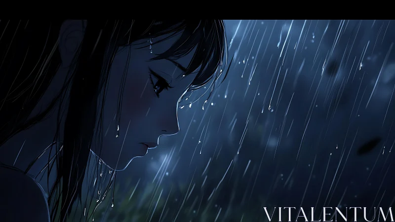 Melancholic anime profile rendered in cool nocturnal rain