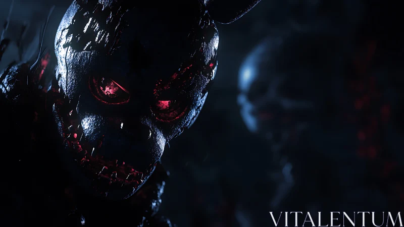 Demonic mechanical rabbit glares through cracked metallic mask