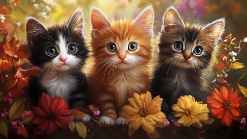 Three Precious Kittens Among Spring Flowers.
