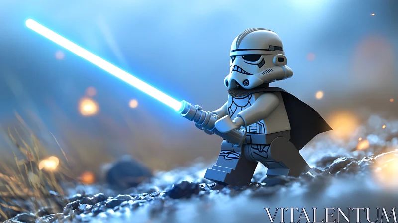 Lego stormtrooper minifigure holding glowing lightsaber stands